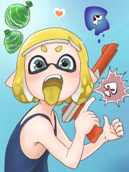 Rule 34 | 1girl, blue eyes, domino mask, dondoruma, female focus, inkling player character, looking at viewer, mask, nes zapper, nintendo, open mouth, pointy ears, solo, splatoon (series), teeth, tongue, tongue out