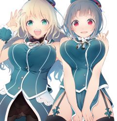 Rule 34 | 10s, 2girls, adapted costume, aqua eyes, arm up, atago (kancolle), beret, black hair, black legwear, blonde hair, blue dress, blue hat, breasts, buttons, covering crotch, covering privates, dress, embarrassed, fur collar, garter straps, hand on another&#039;s shoulder, hat, highres, kantai collection, large breasts, long hair, looking at viewer, multiple girls, neckerchief, panties, panties under pantyhose, pantyhose, red eyes, short hair, simple background, takao (kancolle), tebi (tbd11), thighhighs, underbust, underwear, waving, white background, white neckerchief, white panties, wrist cuffs