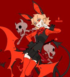 Rule 34 | 1girl, animal ears, bat (animal), bat ears, black skirt, blood, brown hair, cuffs, demon tail, english text, eyes visible through hair, fang, fangs, gloves, hair between eyes, hand on own hip, holding, horns, knifedragon, low wings, neck ribbon, open mouth, original, red background, red eyes, red ribbon, red thighhighs, ribbon, short hair, simple background, skeleton, skirt, slit pupils, smile, tail, thighhighs, torn clothes, torn wings, vampire, white gloves, wings