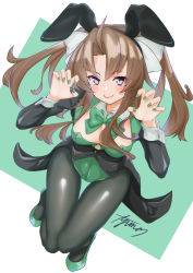 Rule 34 | 1girl, :p, ahoge, animal ears, ayuman, black jacket, black pantyhose, blue background, bow, bowtie, breasts, brown hair, cleavage, coattails, covered navel, detached collar, fake animal ears, green footwear, green leotard, green ribbon, hair ribbon, high heels, highres, jacket, kagerou (kancolle), kantai collection, leotard, long hair, nail polish, pantyhose, playboy bunny, purple eyes, rabbit ears, ribbon, small breasts, solo, strapless, strapless leotard, tongue, tongue out, twintails, white background, wing collar, wrist cuffs