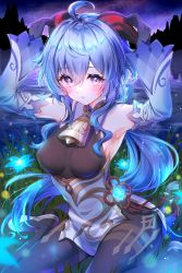 Rule 34 | 1girl, ahoge, armpits, bell, black gloves, black legwear, blue flower, blue hair, blush, bow, breasts, chinese knot, detached sleeves, fireflies, flower, flower knot, ganyu (genshin impact), genshin impact, glaze lily, gloves, gold trim, high heels, highres, horn grab, horns, long hair, looking at viewer, low ponytail, medium breasts, neck bell, night, night sky, outdoors, parted lips, purple eyes, red rope, rope, sideboob, sidelocks, sitting, sky, solo, star (sky), starry sky, tassel, thighlet, toki (toki ship8), triangle mouth, vision (genshin impact), wariza, white sleeves