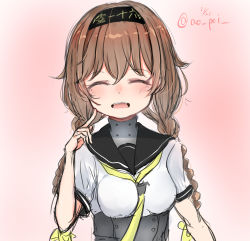 Rule 34 | 1girl, abisu, absurdres, bad id, bad twitter id, black headband, black sailor collar, braid, closed eyes, clothes writing, commentary request, dated, facing viewer, hachimaki, hair ornament, headband, highres, kantai collection, light brown hair, long hair, neckerchief, one-hour drawing challenge, propeller hair ornament, sailor collar, school uniform, serafuku, short sleeves, smile, solo, teruzuki (kancolle), twin braids, twitter username, upper body, yellow neckerchief