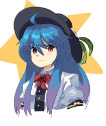 Rule 34 | &gt;:(, 1girl, ahoge, black headwear, blue hair, bow, bowtie, closed mouth, collared shirt, commentary request, cropped torso, highres, hinanawi tenshi, leaf, long hair, peach hat ornament, plus2sf, puffy short sleeves, puffy sleeves, red bow, red bowtie, red eyes, serious, shirt, short sleeves, sidelocks, simple background, solo, star (symbol), touhou, v-shaped eyebrows, very long hair, white background