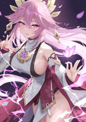 Rule 34 | 1girl, absurdres, animal ears, bare shoulders, blush, breasts, denchu (kazudentyu), detached sleeves, earrings, electricity, fox ears, genshin impact, hair ornament, highres, jewelry, large breasts, long hair, looking at viewer, necklace, open mouth, pendant, petals, pink hair, purple eyes, red skirt, sideboob, sidelocks, skirt, sleeveless, smile, solo, thighs, very long hair, wide sleeves, yae miko