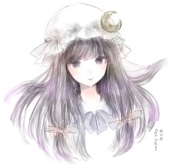 Rule 34 | 1girl, artist name, bow, commentary request, crescent, crescent hat ornament, gin fragrans, hair bow, hat, hat ornament, hat ribbon, long hair, mob cap, one-hour drawing challenge, patchouli knowledge, purple eyes, purple hair, red bow, ribbon, simple background, solo, touhou, twitter username, upper body, white background, white hat