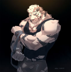 Rule 34 | 1boy, alternate costume, animal ears, applying bandages, arknights, bara, bare arms, bare pectorals, bare shoulders, black tank top, bulge, casual, covered abs, covered navel, elec bobo, furry, furry male, grey pants, head tilt, large pectorals, looking at viewer, male focus, mountain (arknights), muscular, pants, pectorals, scar, scar across eye, scar on face, shirt, short hair, solo, tank top, tiger boy, tiger ears, tiger stripes, torn clothes, torn shirt, torn tank top, white fur, white hair
