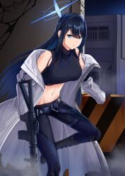 Rule 34 | 1girl, absurdres, bare shoulders, black footwear, black gloves, black pants, black shirt, blue archive, blue eyes, blue hair, boots, breasts, coat, commentary request, crop top, foot out of frame, gloves, gun, halo, highres, holding, holding gun, holding weapon, kipdrew, large breasts, leggings, long hair, long sleeves, looking at viewer, midriff, navel, no headwear, off shoulder, open clothes, open coat, pants, partial commentary, saori (blue archive), shirt, sleeveless, sleeveless shirt, solo, standing, standing on one leg, stomach, very long hair, weapon, white coat