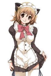 Rule 34 | 1girl, alric, animal ears, apron, blush, bow, bowtie, breasts, brown eyes, brown hair, cat ears, cat girl, female focus, large bow, large breasts, maid, maid apron, maid headdress, original, short hair, simple background, solo, thighhighs, white background, white thighhighs