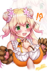 Rule 34 | !?, 1girl, arm between breasts, artist name, bare shoulders, bear paws, between breasts, blonde hair, blush, breasts, double bun, fang, flower, frills, green eyes, hair between eyes, hair bun, hair flower, hair ornament, highres, hololive, large breasts, momosuzu nene, open mouth, two side up, virtual youtuber, zero130