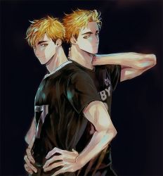 Rule 34 | 2boys, aged up, black background, blonde hair, brown eyes, closed mouth, dual persona, eyebrows, haikyuu!!, hand on own neck, hands on own hips, jersey, looking at another, male focus, miya atsumu, multicolored hair, multiple boys, short hair, smile, sportswear, time paradox, toned, toned male, two-tone hair, ummm mmma, upper body, volleyball uniform