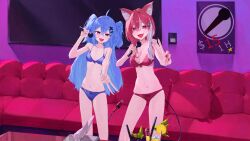 2girls ahoge animal_ear_fluff animal_ears belly blue_bra blue_hair blue_panties bra breasts chiaki_katsumi commission couch cup drinking_glass drinking_straw fang fingernails hair_ornament hairclip highres indoors knee_up knees_up long_hair looking_at_viewer lyko_lianna microphone monitor multicolored_hair multiple_girls navel open_mouth panties pillow pink_bra pink_eyes pink_hair pink_panties pixellink pizepize00 red_eyes screen small_breasts table thighs underwear underwear_only v4mirai virtual_youtuber x_hair_ornament