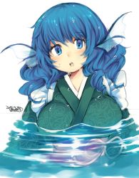 Rule 34 | 1girl, 2015, blue eyes, blue hair, blush, breasts, dated, female focus, fins, head fins, iroyopon, japanese clothes, kimono, large breasts, long sleeves, looking at viewer, matching hair/eyes, obi, open mouth, partially submerged, sash, short hair, signature, simple background, solo, touhou, upper body, wakasagihime, water, water drop, wet, white background