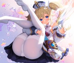 Rule 34 | 1girl, absurdres, arm up, ass, barbara (genshin impact), bare shoulders, blonde hair, blue eyes, blush, book, breasts, bubble, detached sleeves, dress, drill hair, feet, genshin impact, hair ornament, hat, heart bubbles, highres, huge filesize, leg hold, long hair, long sleeves, looking at viewer, no shoes, pantyhose, simple background, small breasts, smile, soles, solo, sparkle, star (symbol), thighband pantyhose, thighs, toes, twin drills, twintails, water, white dress, white hat, white pantyhose, yuri (chocho q)