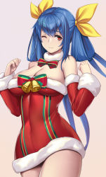 Rule 34 | 1girl, bare shoulders, blue hair, bow, bowtie, breasts, christmas, cleavage, collar, detached sleeves, dizzy (guilty gear), dress, guilty gear, highres, large breasts, necktie, one eye closed, red dress, red eyes, santa costume, santa dress, short dress, smile, strapless, strapless dress, takanashi-a, thick thighs, thighs, twintails