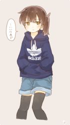 Rule 34 | 10s, 1girl, alternate costume, artist name, black thighhighs, blush, brown eyes, brown hair, closed mouth, cowboy shot, hands in pockets, hood, hooded sweater, hoodie, ina (1813576), kaga (kancolle), kantai collection, long hair, long sleeves, shorts, side ponytail, simple background, solo, speech bubble, sweater, thighhighs, translated