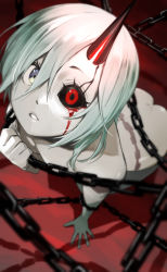 Rule 34 | 1girl, absurdres, black sclera, blood, bloody tears, blue eyes, chain, colored sclera, crying, hair between eyes, highres, horns, looking at viewer, looking up, mismatched sclera, nude, oni, oni horns, original, parted lips, red eyes, red horns, short hair, single horn, slave, solo, tochi keisuke, white hair