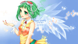 Rule 34 | 1girl, female focus, goggles, goggles on head, gradient background, green eyes, green hair, gumi, headphones, headset, highres, matching hair/eyes, musical note, short hair, smile, solo, vocaloid, white background, wings, wrist cuffs, yayoi (egoistic realism)