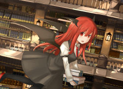 Rule 34 | 1girl, :d, armband, bat wings, black pantyhose, book, book stack, bookshelf, carrying, dutch angle, flying, head wings, highres, hinami047, koakuma, library, long hair, looking at viewer, low wings, necktie, open mouth, pantyhose, red eyes, red hair, red necktie, shoes, skirt, skirt set, smile, solo, touhou, very long hair, vest, voile, wings