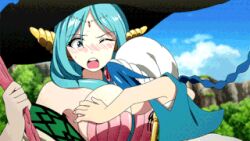 Rule 34 | 1boy, 1girl, aladdin (magi), animated, animated gif, blue hair, breast smother, breasts, face to breasts, large breasts, lowres, magi the labyrinth of magic, smile, yamuraiha