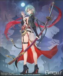 Rule 34 | 1girl, absurdres, ankle boots, artist name, belt, blue eyes, boots, breasts, commentary request, copyright name, dress, evertale, full body, green hair, highres, holding, holding weapon, jacket, katana, logo, looking at viewer, medium breasts, moon, night, night sky, official art, sheath, sheathed, sky, solo, standing, sword, teffish, thigh strap, weapon