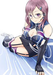 Rule 34 | 10s, 1girl, arm support, bad id, bad pixiv id, black gloves, blush, breasts, brown hair, cleavage, cleavage cutout, clothing cutout, cybernetic, dress, elbow gloves, fingerless gloves, garter straps, glasses, gloves, glowing, idolmaster, idolmaster cinderella girls, idolmaster cinderella girls starlight stage, isarai kanara, large breasts, long hair, looking at viewer, purple eyes, smile, solo, thighhighs, white background, yagami makino