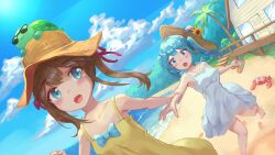 Rule 34 | 2girls, animal, animal on head, arm grab, barefoot, beach, blue bow, blue eyes, blue hair, blue sky, bluesh, blush, bow, brown hair, cloud, commentary, crab, dress, dutch angle, english commentary, flower, hair ribbon, hat, hat flower, highres, holding, holding clothes, holding footwear, indie virtual youtuber, live2d inc., long hair, miyune bun, mmeizterr, momose hiyori, multiple girls, neuro-sama, ocean, on head, open mouth, outdoors, palm tree, red ribbon, ribbon, running, sand, sandals, sky, sleeveless, sleeveless dress, straw hat, sun hat, sundress, sunglasses, tree, turtle, twintails, two side up, vedal987, virtual youtuber, white dress