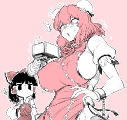 Rule 34 | 2girls, ascot, black eyes, black hair, blush, box, breast envy, breast expansion, breasts, bun cover, chain, chibi, cuffs, detached sleeves, double bun, empty eyes, flower, hair bun, hair ornament, hair ribbon, hair tubes, hakurei reimu, huge breasts, ibaraki kasen, japanese clothes, long sleeves, looking at another, looking down, miko, monochrome, multiple girls, open mouth, pink background, pink eyes, pink hair, puffy sleeves, ribbon, rose, shirt, short hair, short sleeves, simple background, single hair bun, skirt, skirt set, spacezin, spot color, sweat, sweatdrop, tabard, touhou, trembling, upper body, wide sleeves