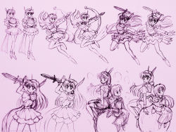 Rule 34 | 1990s (style), absurdres, akazukin chacha, arrow (projectile), bow, highres, magical princess, shiine, sitting, standing, sword, weapon