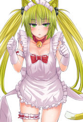 Rule 34 | 1girl, alternate costume, apron, arm garter, atalanta (fate), bad id, bad pixiv id, bell, neck bell, blush, bow, breasts, collar, commentary request, demekyon, fate/apocrypha, fate/grand order, fate (series), gloves, green eyes, bridal garter, multicolored hair, naked apron, open mouth, solo, tail