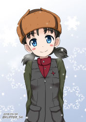 Rule 34 | 10s, 1girl, arms behind back, black vest, blue eyes, blush stickers, brown hair, brown hat, closed mouth, commentary, dated, emblem, flipper, fur hat, girls und panzer, gradient background, green jacket, grey background, hat, head tilt, jacket, long sleeves, looking at viewer, military, military uniform, nina (girls und panzer), one-hour drawing challenge, pravda military uniform, red shirt, shirt, short hair, short twintails, smile, snowflake background, solo, standing, turtleneck, twintails, twitter username, uniform, upper body, ushanka, vest, zipper