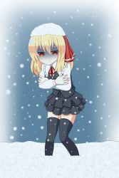 Rule 34 | &gt;:|, 1girl, :|, alternate hair length, alternate hairstyle, black skirt, black thighhighs, blonde hair, closed mouth, cold, knees together feet apart, layered skirt, long hair, miniskirt, red eyes, rumia, self hug, shaded face, skirt, skirt set, snow, snow on head, snowing, solo, takapi 3, thighhighs, touhou, trembling, v-shaped eyebrows, zettai ryouiki