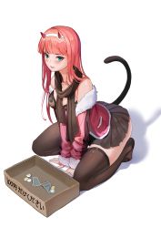 Rule 34 | 1girl, alternate costume, arm support, bad id, bad pixiv id, bare shoulders, between breasts, black bra, black skirt, black thighhighs, blue eyes, blunt bangs, blush, box, bra, breasts, cat tail, darling in the franxx, donation box, fur-trimmed jacket, fur trim, hairband, highres, horns, jacket, kneeling, long sleeves, looking at viewer, medium breasts, merchant91, microskirt, money, off shoulder, oni horns, open clothes, open jacket, parted lips, pink hair, pink jacket, pleated skirt, red horns, scarf, skirt, solo, straight hair, tail, thighhighs, underwear, white hairband, zero two (darling in the franxx)