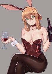 Rule 34 | 1girl, absurdres, alcohol, alternate costume, alternate hairstyle, animal ears, bare shoulders, black leotard, bottle, breasts, brown hair, cleavage, closed mouth, crossed legs, cup, detached collar, drinking glass, fake animal ears, fishnet pantyhose, fishnets, girls&#039; frontline, green eyes, hair between eyes, highres, holding, holding cup, kuro (zhurunbo1997), leotard, long hair, medium breasts, pantyhose, playboy bunny, rabbit tail, sitting, smile, springfield (girls&#039; frontline), tail, wine, wine bottle, wine glass