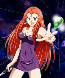 Rule 34 | 1girl, bare shoulders, breasts, cleavage, dress, earrings, gem, ghost sweeper mikami, green eyes, grin, hand up, highres, jewelry, long hair, looking at viewer, medium breasts, mikami reiko, necklace, open mouth, orange hair, purple dress, skirt, smile, solo, standing, sword, very long hair, weapon