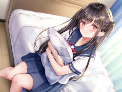 Rule 34 | 1girl, absurdres, bed, bed sheet, black hair, blue curtain, blue sailor collar, blue serafuku, blue skirt, blush, closed mouth, collarbone, commentary request, crossed bangs, curtains, feet out of frame, hair intakes, hair ornament, hair over shoulder, hairpin, head tilt, highres, holding, holding pillow, indoors, knees together feet apart, light rays, long hair, looking at viewer, neckerchief, non-web source, hugging object, on bed, original, parted bangs, pillow, pillow hug, pleated skirt, red eyes, red neckerchief, sailor collar, school uniform, serafuku, shirt, sidelocks, sitting, skirt, smile, solo, transparent curtains, twintails, very long hair, white shirt, window, yugirlpict