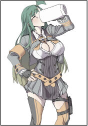 Rule 34 | 1girl, breasts, cleavage, closed eyes, drinking, g28 (girls&#039; frontline), girls&#039; frontline, green hair, large breasts, noiimad, side ponytail, solo