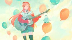 Rule 34 | 1girl, balloon, beret, bird, black choker, black ribbon, black thighhighs, bra strap, choker, commentary, english commentary, floating hair, grey skirt, guitar, hat, highres, holding, holding instrument, indie virtual youtuber, instrument, long hair, looking to the side, neck ribbon, nini yuuna, nini yuuna (5th costume), off-shoulder shirt, off shoulder, penguin, plaid, plaid skirt, red eyes, red hat, red sweater, ribbon, second-party source, shirt, skirt, sky, smile, solo, sweater, tabi (tabisumika), thighhighs, very long hair, virtual youtuber