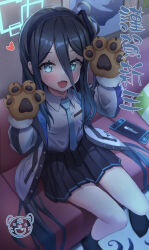 Rule 34 | 1girl, animal hands, aqua halo, aris (blue archive), black hair, black hairband, black skirt, black socks, blue archive, blue eyes, blue necktie, blush, breasts, collared shirt, commentary, couch, fang, gloves, green halo, hair between eyes, hairband, halo, hands up, heart, highres, indoors, jacket, loloco, long bangs, long hair, long hair between eyes, long sleeves, looking at viewer, necktie, no shoes, on couch, open clothes, open jacket, open mouth, paw gloves, paw pose, pleated skirt, rectangular halo, school uniform, shirt, shirt tucked in, side ponytail, sitting, skin fang, skirt, small breasts, smile, socks, solo, translation request, very long hair, white jacket, white shirt