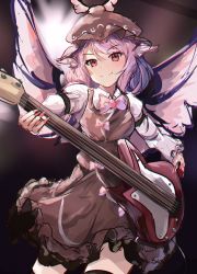 Rule 34 | 1girl, animal ears, bad anatomy, bad perspective, bird ears, bird wings, blush, brown dress, brown hat, closed mouth, cowboy shot, dress, electric guitar, fingernails, frilled dress, frills, guitar, hat, highres, holding, holding instrument, instrument, long sleeves, music, mystia lorelei, orchid (orukido), pink hair, playing instrument, red eyes, sharp fingernails, short hair, sketch, smile, solo, touhou, white wings, winged hat, wings