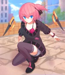 Rule 34 | 1girl, blue eyes, breasts, closers, dagger, full body, knife, looking at viewer, on one knee, oversized clothes, pink hair, ribbon, seulbi lee, short hair, side ponytail, small breasts, solo, suta (clusta), thighhighs, weapon