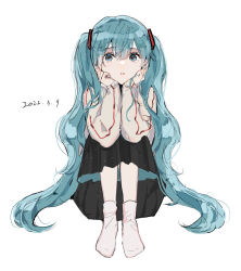 1girl black_skirt blue_eyes blue_hair closed_mouth commentary dated full_body hagimorijia hatsune_miku head_rest highres long_hair long_sleeves looking_at_viewer no_shoes shirt simple_background skirt socks solo twintails very_long_hair vocaloid white_background white_shirt white_socks