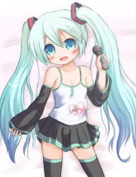 Rule 34 | 1girl, 39, aged down, bare shoulders, bed sheet, black sleeves, black thighhighs, blush, camisole, collarbone, cowboy shot, female focus, green eyes, green hair, happy, hatsune miku, holding, long hair, looking at viewer, lying, matching hair/eyes, microphone, nekono rin, on back, open mouth, pinky out, ribbon, skirt, smile, solo, thighhighs, twintails, very long hair, vocaloid