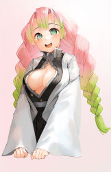 Rule 34 | 1girl, blush, braid, breasts, cleavage, cropped torso, gotou (nekocat), gradient background, gradient hair, green eyes, green hair, haori, highres, japanese clothes, kanroji mitsuri, kimetsu no yaiba, large breasts, long hair, long sleeves, looking at viewer, mole, mole under eye, multicolored hair, no bra, open mouth, pink hair, signature, smile, solo, twin braids, wide sleeves