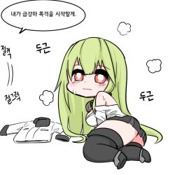 Rule 34 | 1girl, banshee (last origin), black skirt, blush, boots, breasts, bright pupils, chibi, elflorri, full body, goggles, goggles around neck, hair between eyes, jacket, korean text, last origin, light green hair, long hair, looking at viewer, looking back, lying, off-shoulder shirt, off shoulder, on side, red eyes, shirt, sideboob, skirt, solo, sweat, thigh boots, thighhighs, wavy mouth, zettai ryouiki