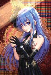 Rule 34 | 1girl, abstract background, armpit crease, bare shoulders, black dress, black gloves, blue eyes, blue hair, blush, bracelet, breasts, closed mouth, collarbone, commentary, dress, earrings, elbow gloves, emori miku, english commentary, facial mark, feather hair ornament, feathers, glint, gloves, hair between eyes, hair ornament, highres, jewelry, liver city, long hair, medium breasts, nail polish, necklace, own hands together, sakiyamama, single glove, sleeveless, sleeveless dress, solo, upper body, very long hair