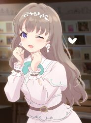 Rule 34 | 1girl, ;d, absurdres, blurry, blurry background, bow, bowtie, brown hair, clenched hands, commentary request, dress, earrings, flower earrings, fujishima megumi, green bow, green bowtie, hairband, hands up, heart, highres, jewelry, link! like! love live!, long hair, long sleeves, looking at viewer, love live!, milk (love live!), official alternate costume, official alternate hairstyle, one eye closed, open mouth, purple eyes, smile, solo, upper body, virtual youtuber, white dress, white hairband, yutuki ame