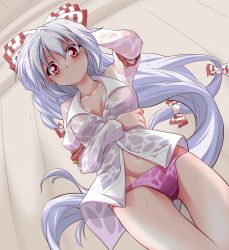 Rule 34 | 1girl, belt, blush, bottomless, bow, dress shirt, female focus, from below, fujiwara no mokou, hachi (chihagura), hair bow, hand on own head, highres, long hair, looking down, multiple hair bows, navel, no pants, open clothes, panties, pink panties, red eyes, shirt, silver hair, solo, touhou, underwear, very long hair, wet, wet clothes, white shirt