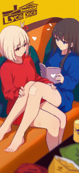 Rule 34 | 2girls, absurdres, antenna hair, bandaid, bandaid on knee, bandaid on leg, blue eyes, blue sweater, book, brown hair, chips (food), copyright name, couch, food, hands on another&#039;s leg, heart, highres, holding, holding book, inoue takina, long hair, long sleeves, lycoris recoil, multiple girls, nishikigi chisato, notice lines, on couch, open book, potato chips, reading, red eyes, red sweater, shimmer, short hair, sitting, sweater, white hair, yuri