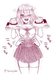 Rule 34 | 1girl, artist name, blush, breasts, cowboy shot, crying, disembodied hand, female focus, half-closed eye, hands up, highres, medium breasts, monochrome, neck ribbon, nose blush, one eye closed, open mouth, original, pillory, pleated skirt, restrained, ribbon, sailor collar, school uniform, serafuku, shirt, short hair, short sleeves, signature, simple background, skirt, smile, solo, standing, tears, teeth, text focus, thighhighs, tickling, tokumeiyade, translated, trembling, twitter username, white background, zettai ryouiki
