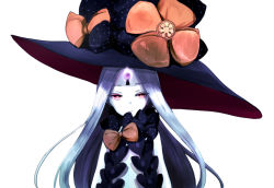 Rule 34 | 1girl, abigail williams (fate), abigail williams (third ascension) (fate), arms at sides, black bow, black hat, bow, closed mouth, commentary request, fate/grand order, fate (series), glowing, hat, hat bow, keyhole, long hair, orange bow, pale skin, parted bangs, polka dot, polka dot bow, red eyes, revealing clothes, silver hair, simple background, solo, white background, witch hat, yukishima